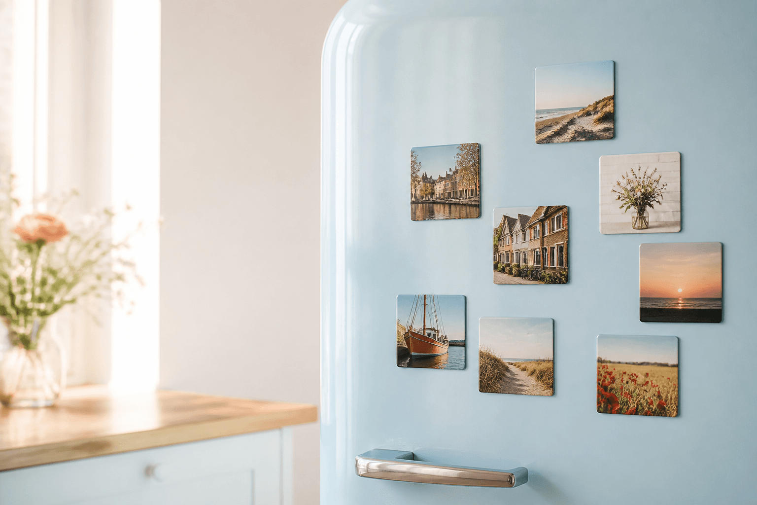 Vierkante fotomagneten met vakantiefoto’s op een blauwe koelkast