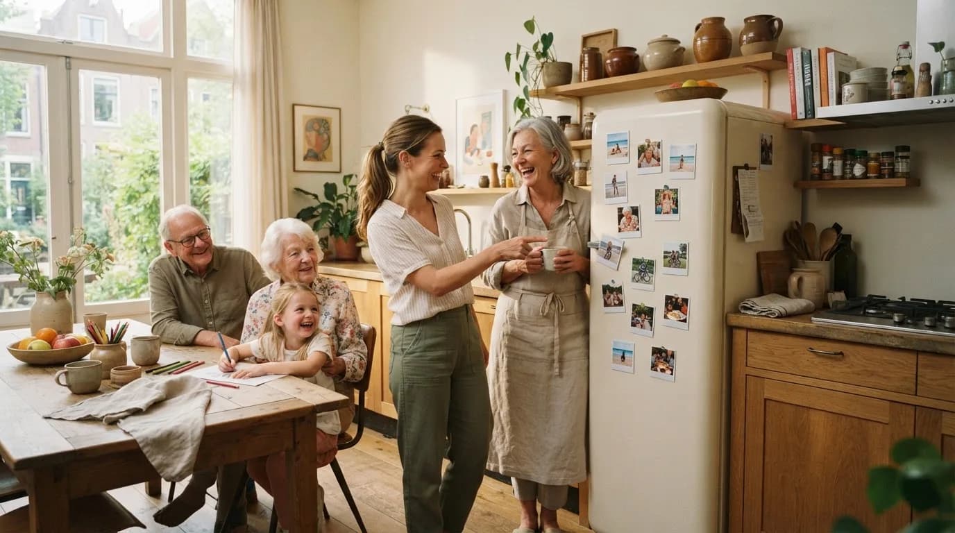 Verschillende generaties samen in een keuken met foto’s op de koelkast