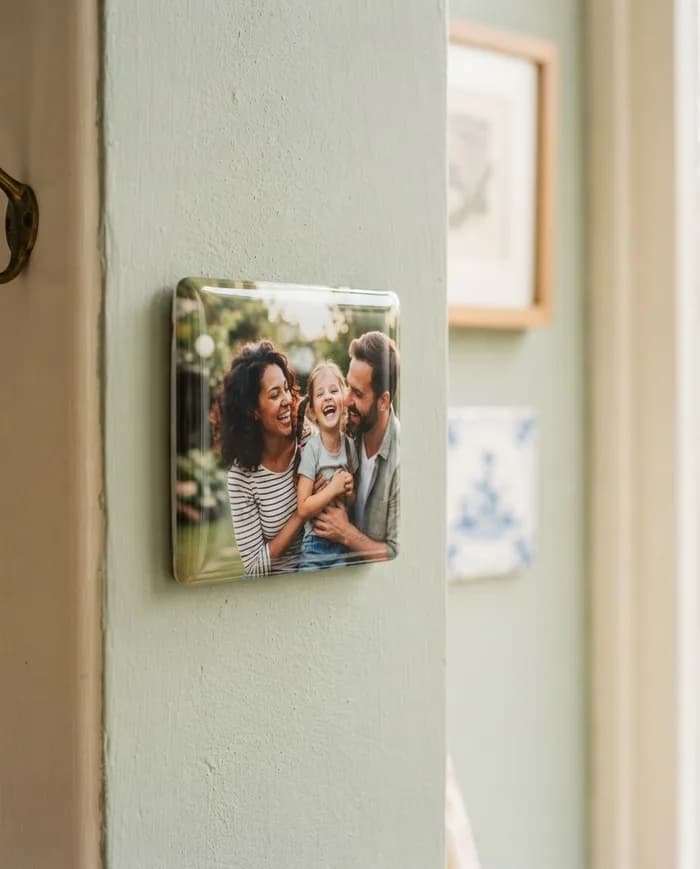 Een fotomagneet met ouders en een lachend kind op een koelkast