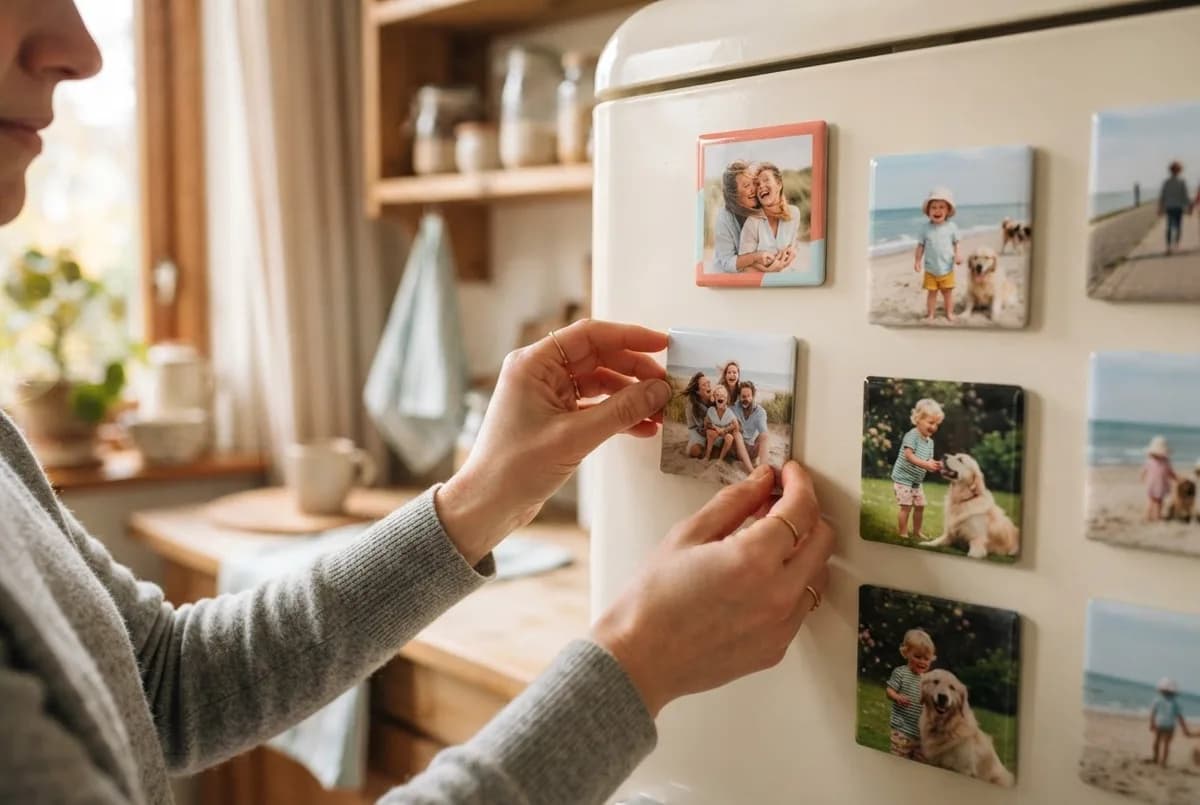 Een hand geeft een fotomagneet een plek op de koelkast