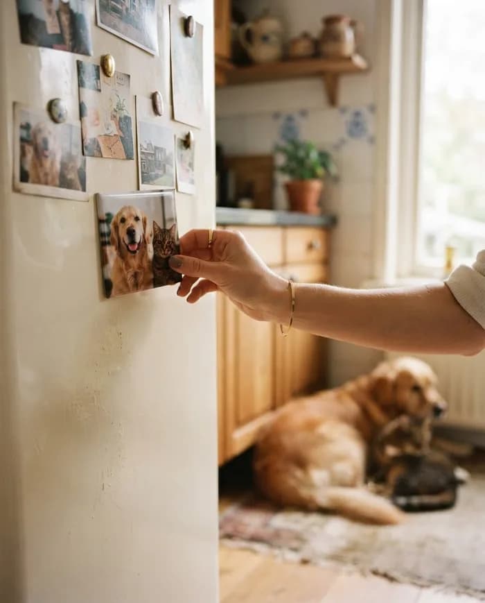 Een hand plaatst een magneet met een hond en kat op een koelkast
