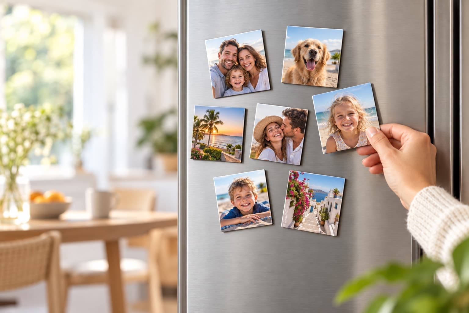 Een hand plaatst een persoonlijke fotomagneet op een koelkast met familie-, vakantie- en huisdierenfoto’s